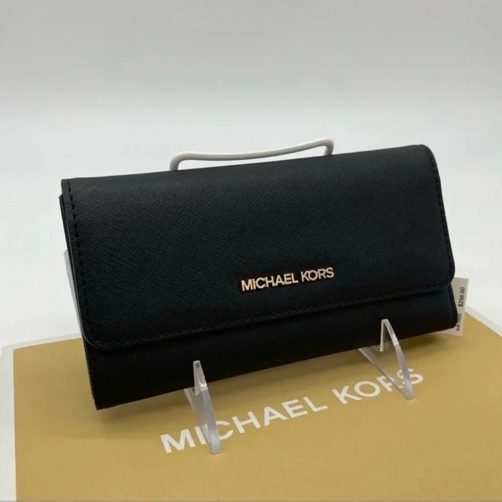 Michael Kors Large Trifold Wallet Black Leather Rich Black/Gold